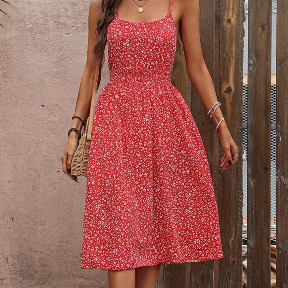 NWOT: Floral Print Shirred Waist Vacation Style Cami Dress. Adjustable straps